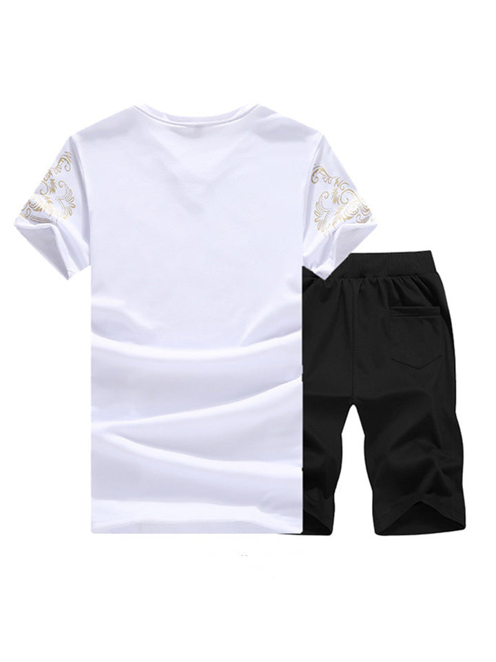 Mens Fashion Breathable Print Short Sleeve T-Shirts+Shorts