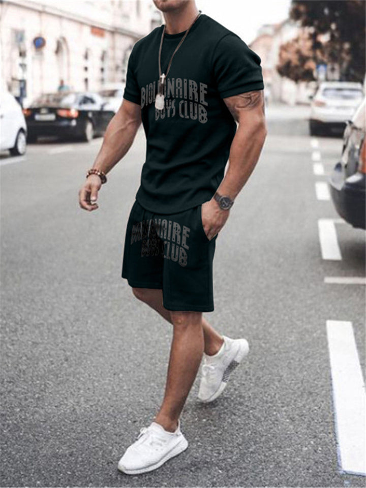 Mens Casual Print Comfy Short Sleeve T-Shirts+Shorts