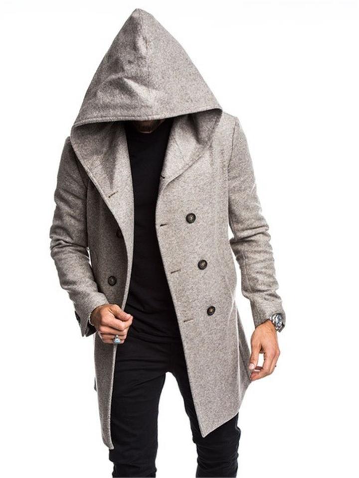 Men's Double-Breasted Hooded Woollen Coat