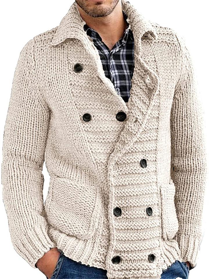 Men's Solid Color Double-breasted Lapel Long Sleeve Knitted Cardigan