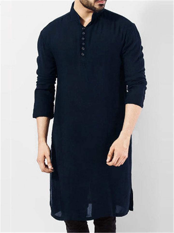 Men's Indian Traditional Kurta Solid Color Cotton Long Shirts Ethnic Outfits