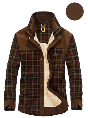 Men's Vintage Plaid Corduroy Stand Collar Warm Flannel Jacket