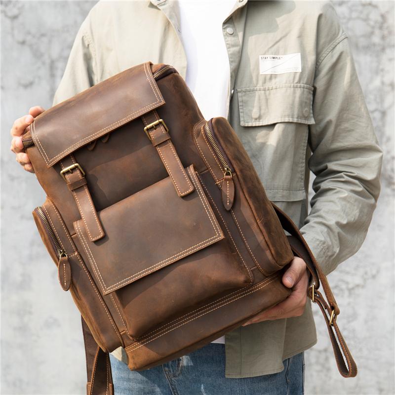 Mens Large Capacity Retro Leather Travelling School Durable Backpack