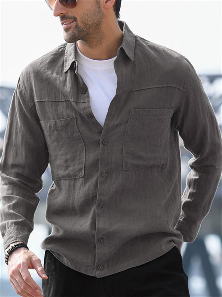 Mens Breathable Lapel Collar Solid Color Casual Long Sleeve Shirts