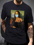 Creative Mona Lisa With A Mask Printed Crew Neck T-Shirt