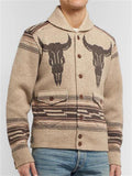 Mens Distinctive Jacquard Knit Button Print Lapel Sweater Coat With Pocket