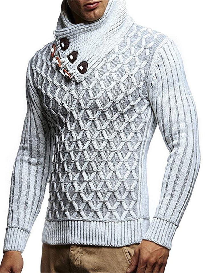 Men's Personalized Diamond Pattern Button Turtleneck Knit Pullover Sweater