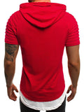 Regular Fit Front Pouch Pocket Layered Detailing Short Sleeve Lightweight Drawstring Hooded Tops