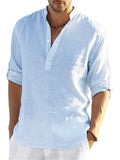 Men's Casual Cotton Linen Stand Collar Long Sleeve Shirts
