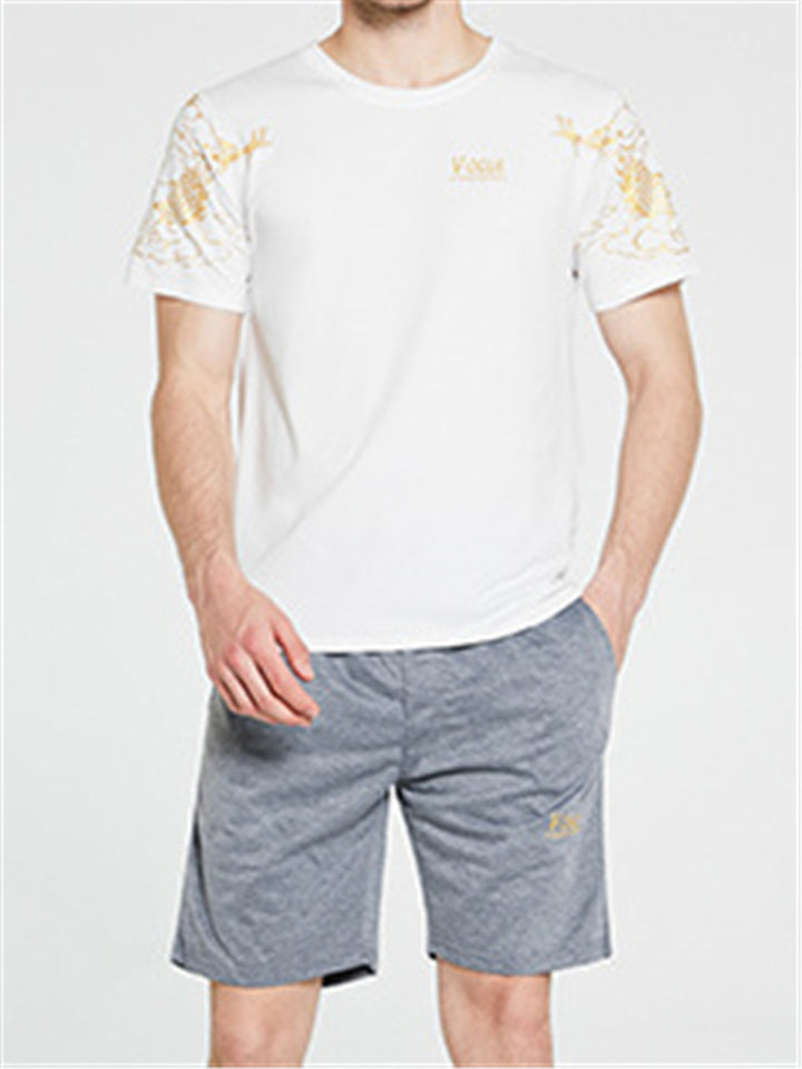 Mens Breathabel Print Comfy Short Sleeve T-Shirts+Shorts