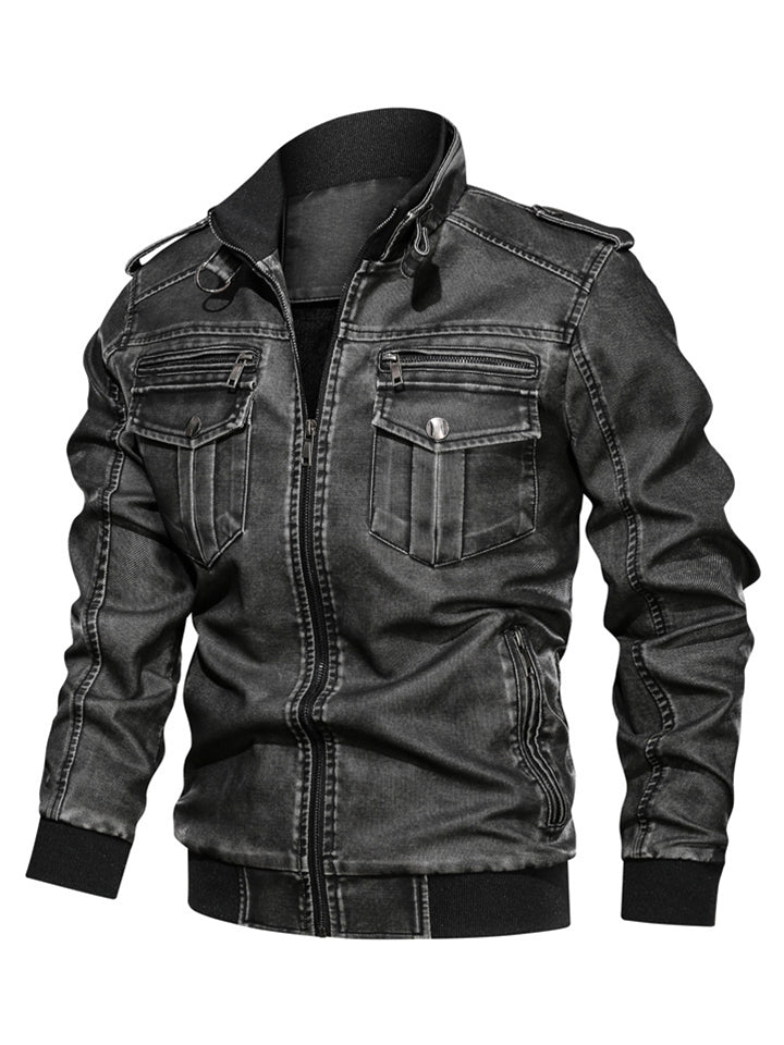 Mens Washed Vintage Motorcycle Military Loose Jackests With Pockets
