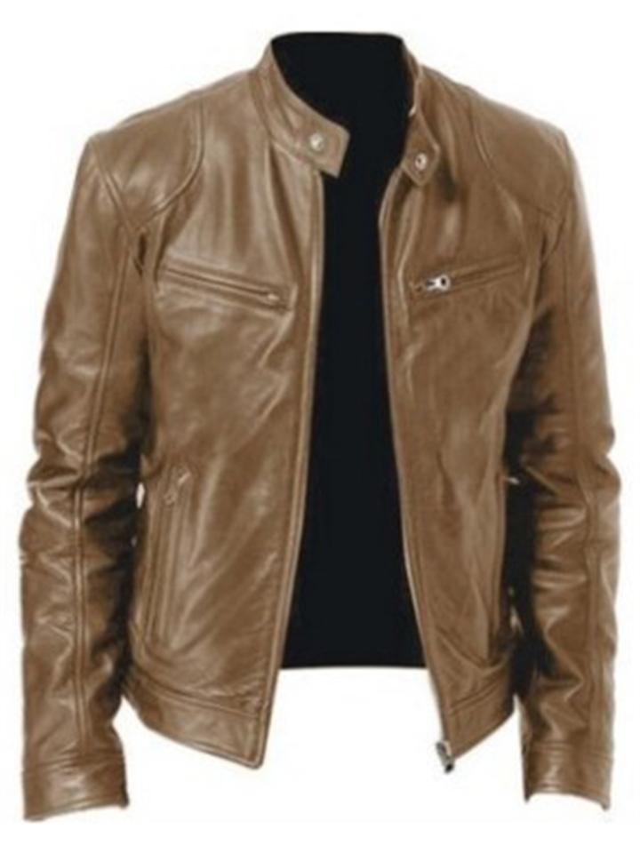Business Gentleman Warm Zipper Pocket Stand Collar Leather Jacket