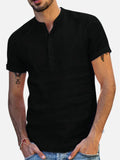 Casual Comfy Stand Collar Cotton Linen Short-Sleeve Henley Shirts