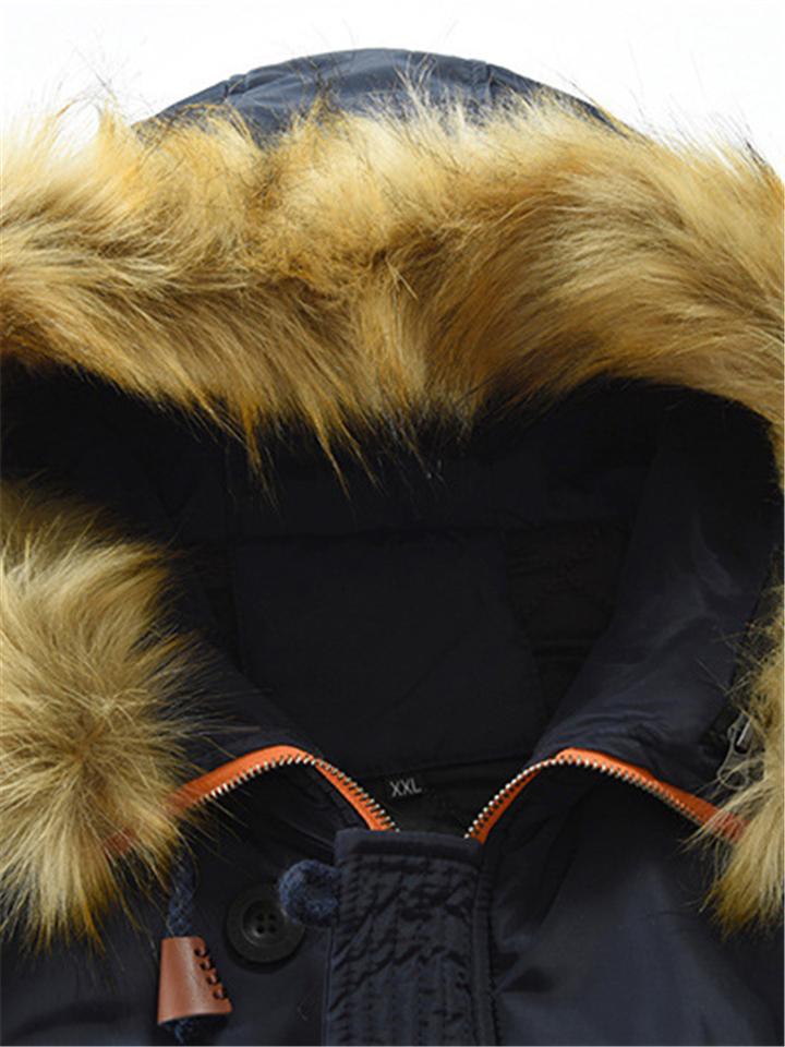 Men's Warm Cotton Padded Long Sleeve Parka Coat With Fur Hood