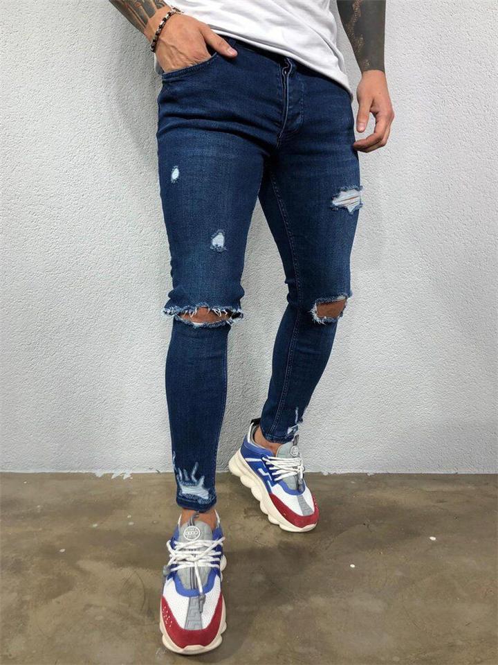 Men Knee Ripped Cut Out Slant Pockets Wash Jeans