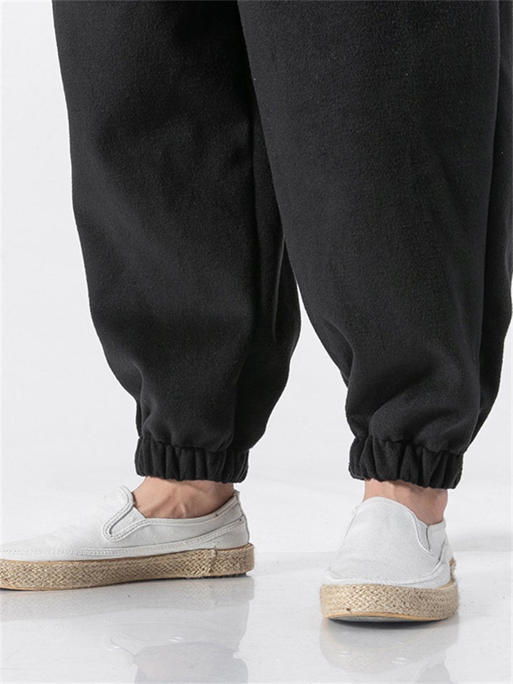 Casual Solid Color Loose Plush Thermal Drawstring Pants For Men