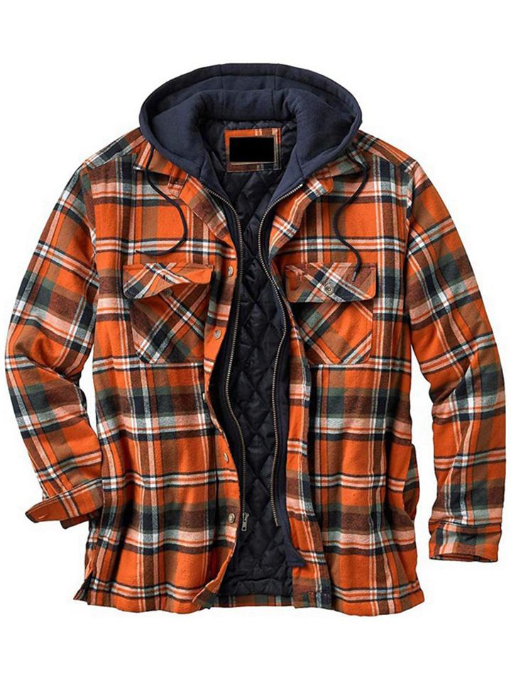 Autumn Winter Cotton-Padded Plaid Hooded Flannel Jacket Mens