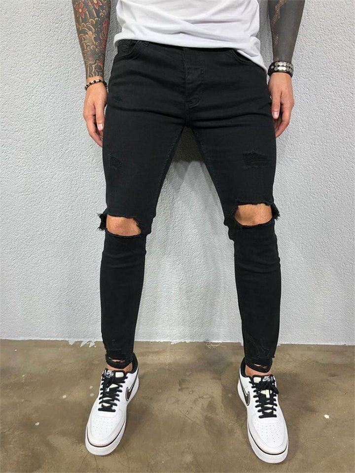 New Hip-Hop Style Knee Hole Ripped Stretch Skinny Denim Pants