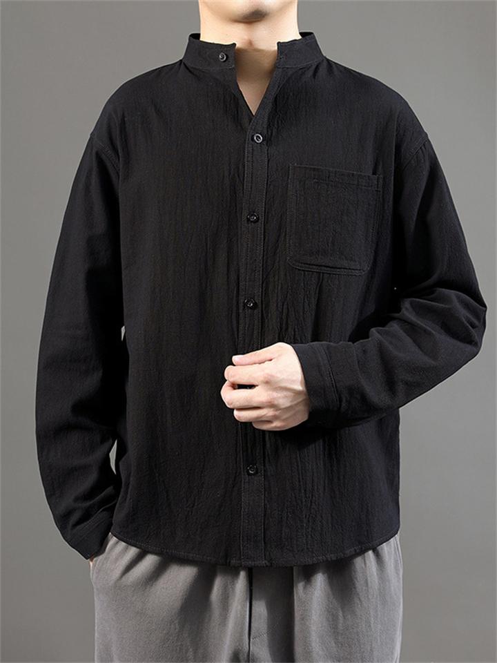 Decent Long-Sleeved Stand-Collar Solid Color Shirt With Pockets