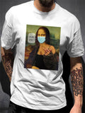 Creative Mona Lisa With A Mask Printed Crew Neck T-Shirt
