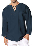 Soft Touch Front Lace-Up Design V Neck Long Sleeve Linen-Cotton Pullover Shirt
