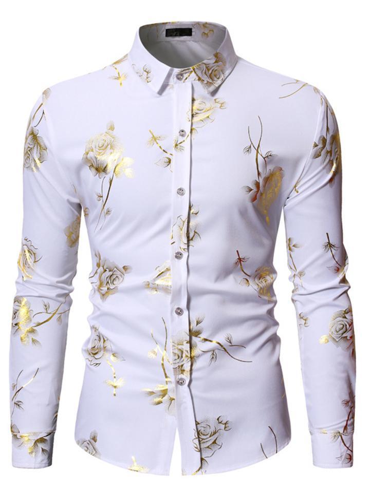 Men’s Gold-Rose Print Button Down Long Sleeve Shirt
