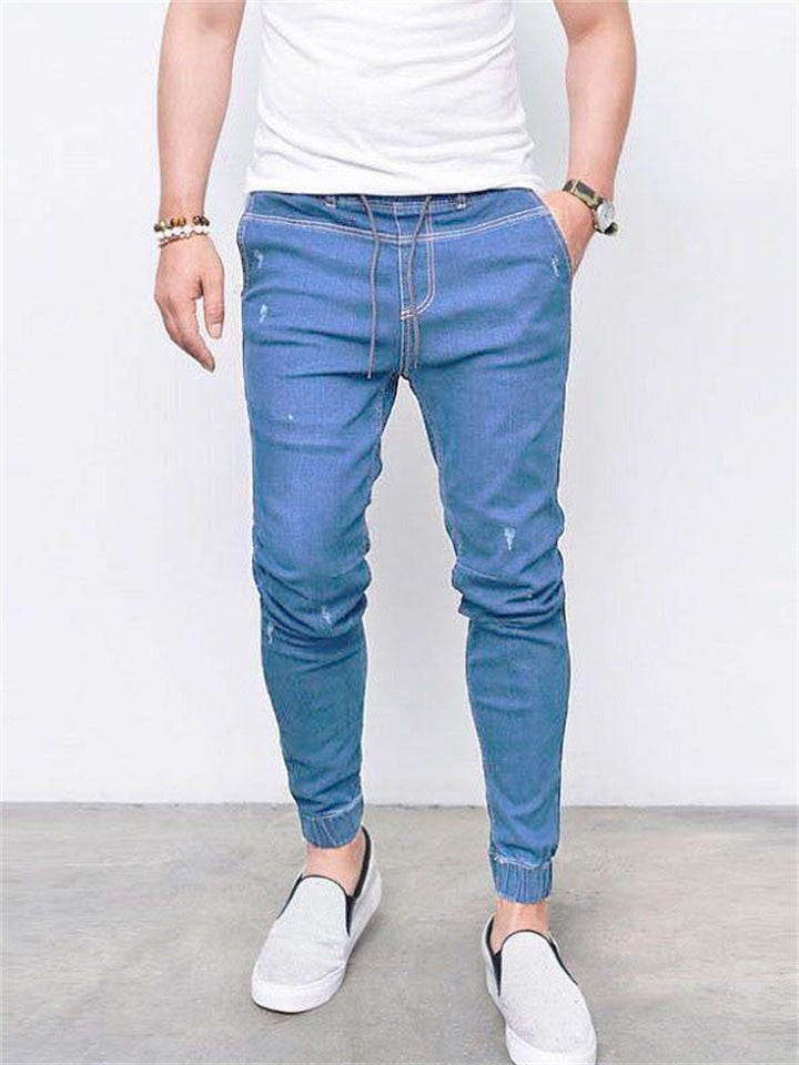 Men's Fashion Casual Drawstring Washed Jeans
