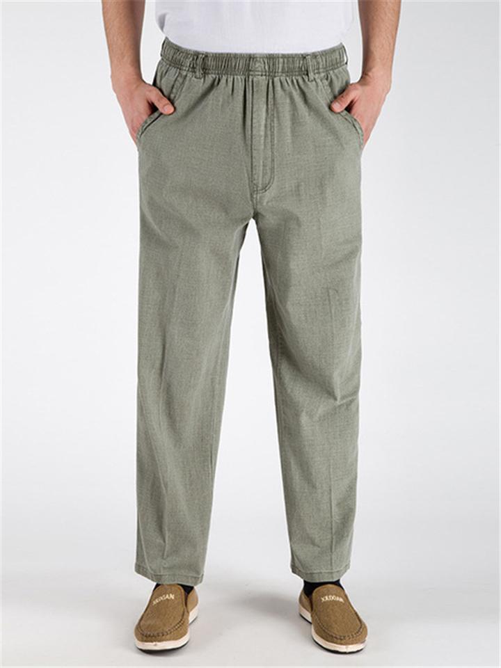 Elasticated Waistband Straight-Leg Multi-Pocket Linen Ankle-Length Lightweight Pants