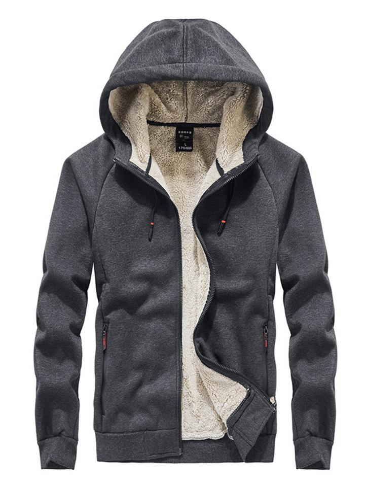 Men's Oversized Casual Sporty Zipper Hooded Thermal Solid Color Jacket