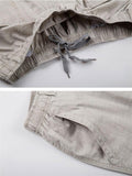 Elasticated Waistband Straight-Leg Multi-Pocket Linen Ankle-Length Lightweight Pants