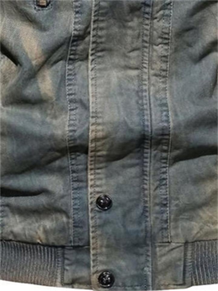 Men's Casual Stand-Collar Cotton Washed-Effect Denim Military Jacket