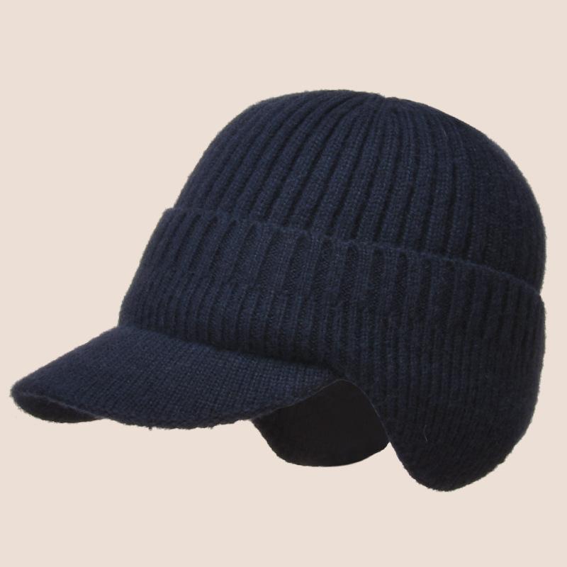 Men’s Warm Windproof Ribbed Knitted Brim Cap with Ear Flaps