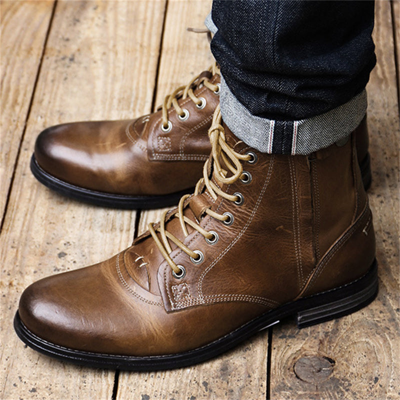 Army Knight Style Men Side Zipper PU Leather Vintage Boots