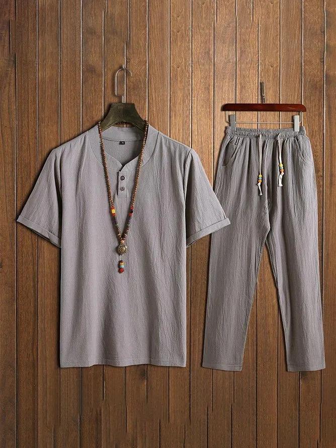 Men's Comfy Cotton Linen Sets Short-sleeved T-shirt + Trousers