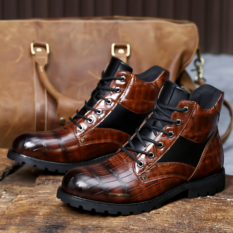 Men's Vintage Crocodile Printing Leather Martin Boots
