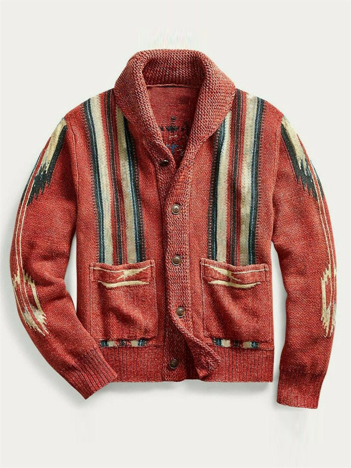 Men's Vintage Lapel Brick Red Button Knitted Sweaters