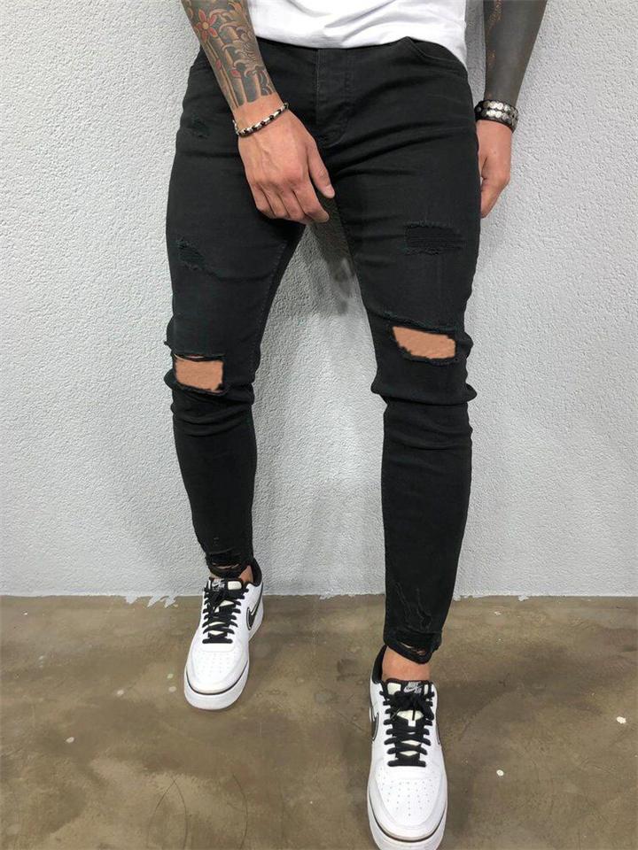 Men Knee Ripped Cut Out Slant Pockets Wash Jeans