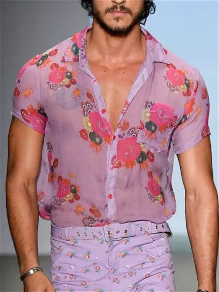 Mens Sexy Floral Print Lapel Button See-Through Shirt