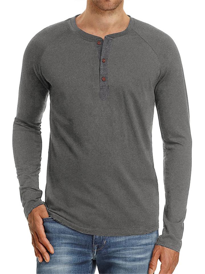 Men's Long Sleeve Button Round Neck Basic T-shirt